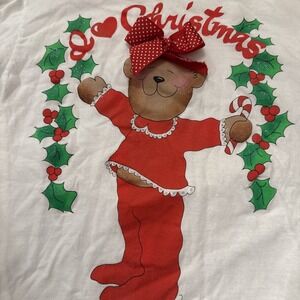 Vintage Christmas Teddy Bear T Shirt Long Sleeve Hand Painted Size M Bow Glitter